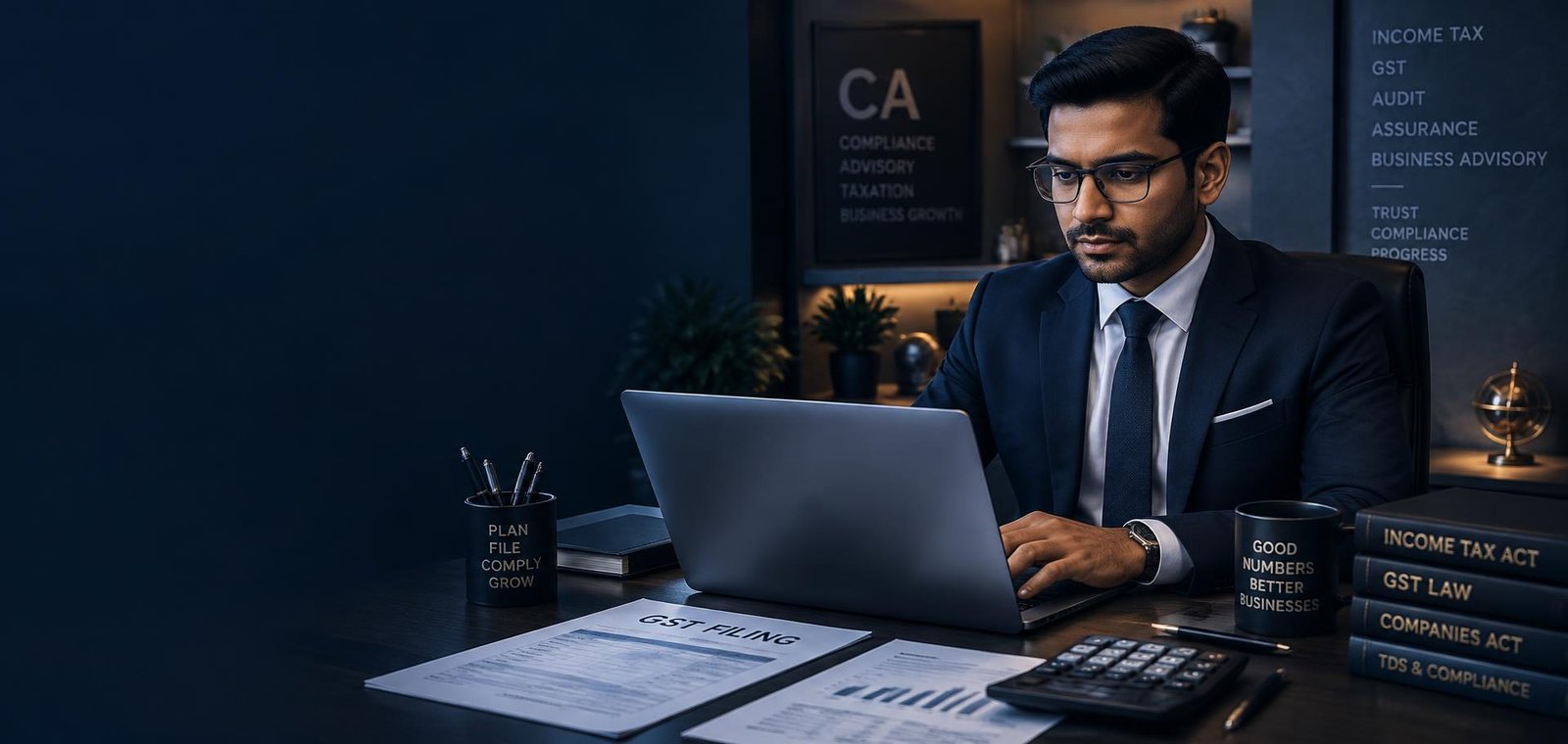 Chartered accountant filing GST returns on a laptop